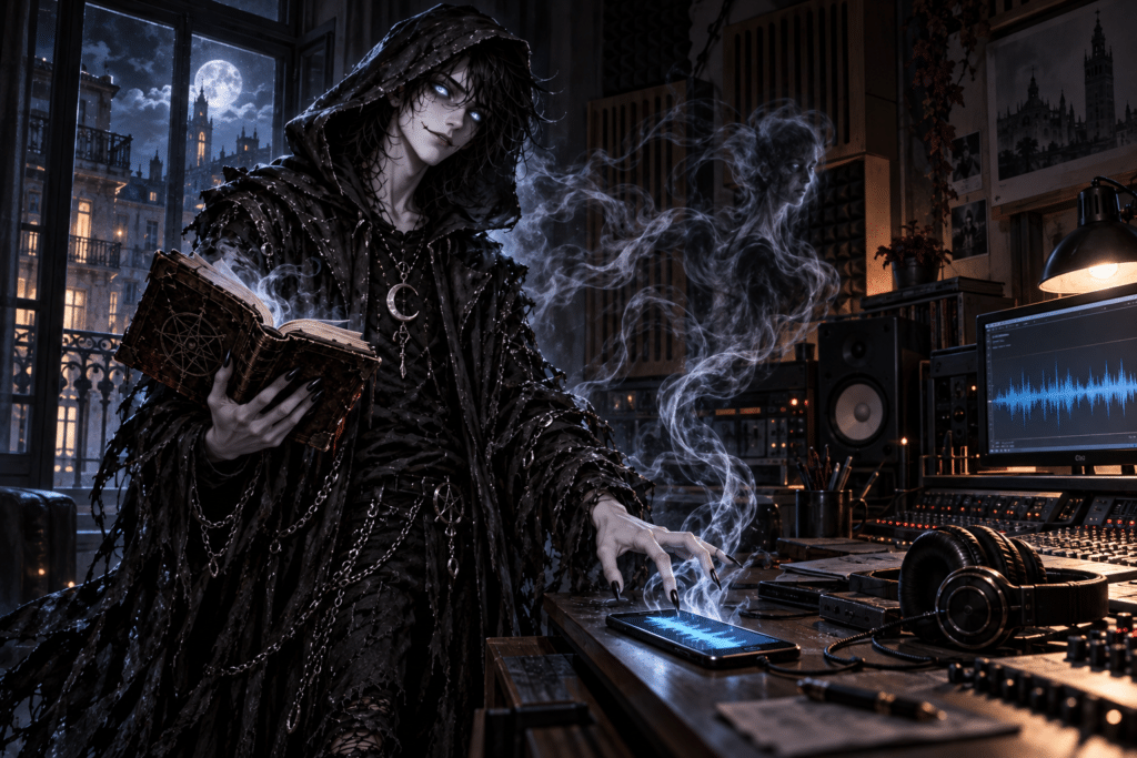 NOX abre su libro junto a un móvil en un estudio de sonido iluminado por luz azul.