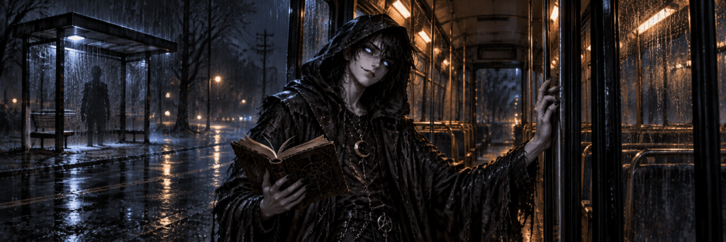 NOX sostiene su libro en la puerta de un autobús ante una parada vacía bajo la lluvia.