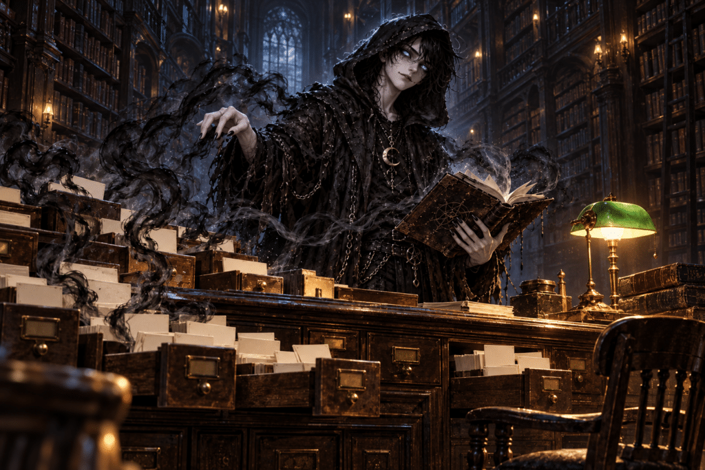 NOX sostiene su libro detrás de un catálogo de fichas en blanco en una biblioteca de estantes oscuros.