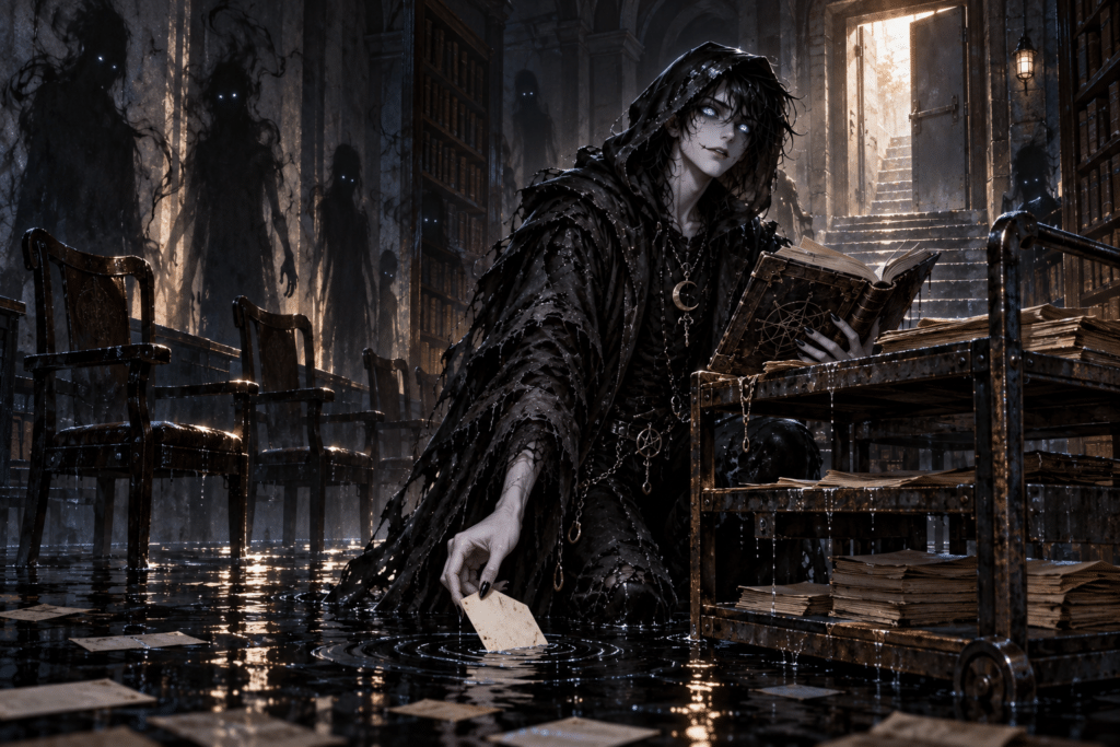 NOX recoge una ficha de una sala de archivo inundada mientras unas sillas vacías proyectan sombras humanas.