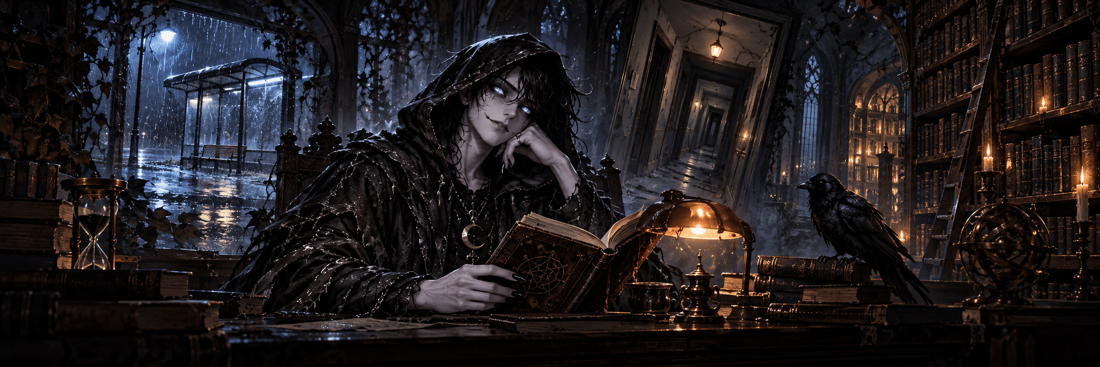 NOX lee su libro en un escritorio entre una parada lluviosa, un pasillo imposible y una biblioteca.