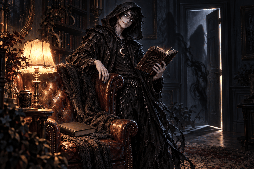 NOX permanece junto a un sillón con un libro cerrado cuya sombra parece abrir una puerta en la pared.