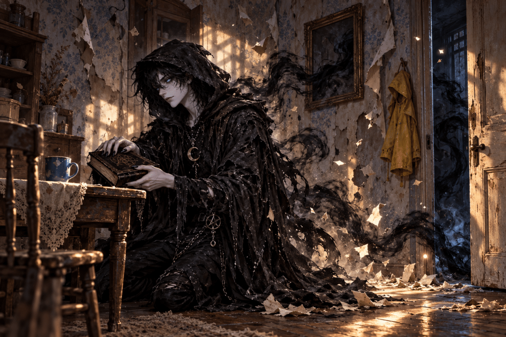 NOX cierra su libro junto a una taza azul y un impermeable amarillo mientras una habitación se deshace.